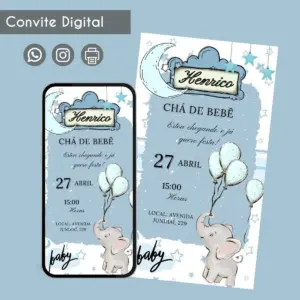 convite digital cha de bebe elefantinho personalizado
