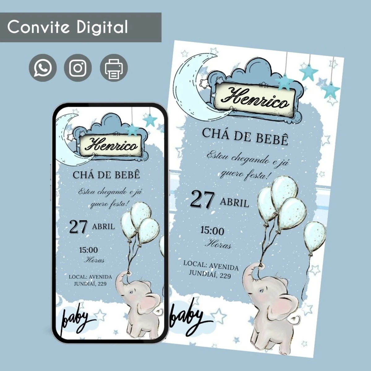Convite Digital Chá de Bebê Elefantinho Personalizado 1 Convite digital em tons de azul com tema de elefantinho e lua.