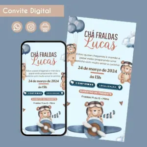 Convite digital para chá de bebê com ilustrações de ursinhos e balões, exibindo data e sugestão de presente.