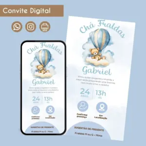 Arte digital de convite de chá de fraldas com ursinho e balão