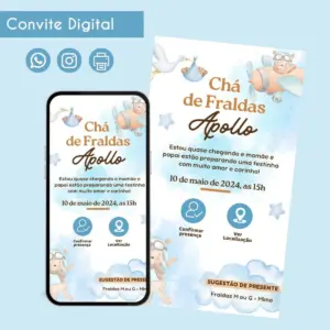 Convite digital de chá de fraldas com tema de avião, exibido em celular e como cartão.