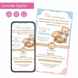 Convite digital de chá revelação com ursinhos e informações do evento.