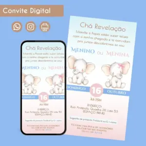 convite digital cha revelacao elefantinhos