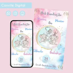 convite digital cha revelacao elefantinhos personalizado