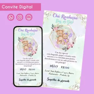 Convite digital com tema de chá revelação exibido em smartphone e arte impressa.
