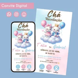Convite digital de chá revelação com ursinhos em nuvens