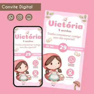 Convite digital rosa com tema infantil de menina com capuz vermelho.