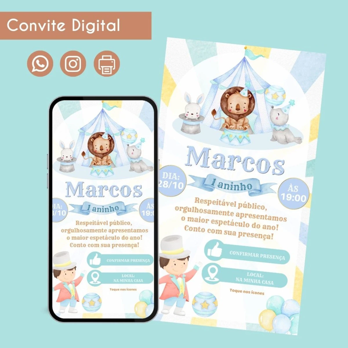 Convite Digital Circo Menino em PDF Personalizado 1 Convite digital infantil com tema de circo em tons de azul e amarelo.