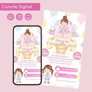 Arte digital de convite com tema de circo em tons pastel.