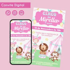 Convite digital com tema de circo em tons de rosa e azul.