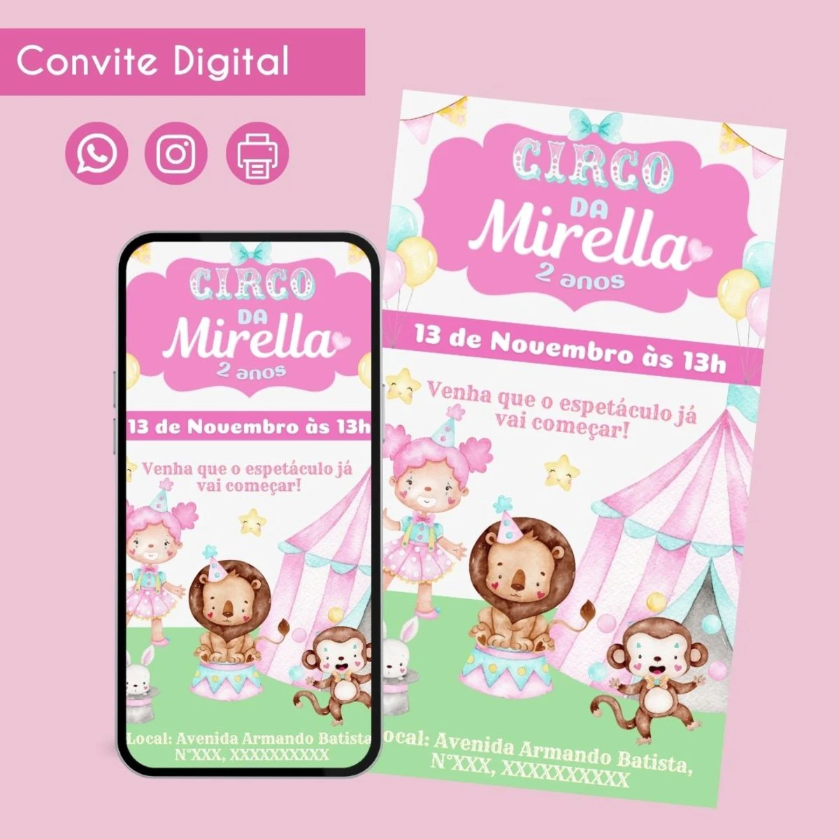 Convite Digital Circo Rosa para Festa Infantil 1 Convite digital com tema de circo em tons de rosa e azul.