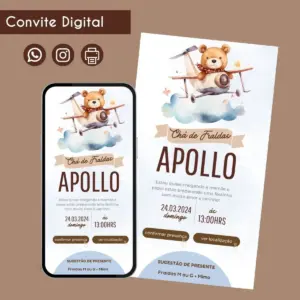 Convite Digital de Chá de Fraldas com Ursinho Fofinho 6 Convite digital para chá de fraldas com ursinho aviador, exibido em celular e cartão.