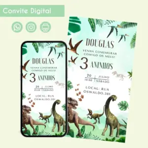 Arte digital de convite de aniversário infantil com tema de dinossauros.