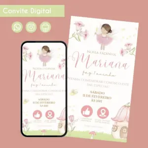 Convite digital infantil com tema de fada rosa, flores e smartphone.