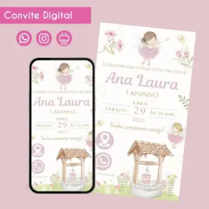 Convite digital com tema de fadas exibido em um smartphone e impresso.