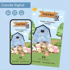 Convite digital de fazenda com celeiro azul, animais fofos e detalhes de festa infantil.