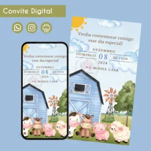 Convite digital com tema de fazenda exibido em um smartphone e ao fundo.