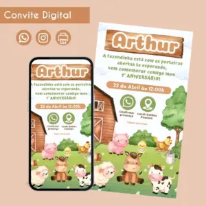 Convite digital de aniversário com tema fazenda, mostrando arte com animais fofos e celeiro.