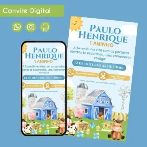 Convite digital com tema de fazenda exibido em um smartphone.