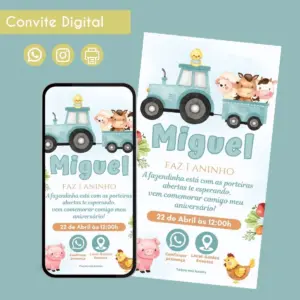 Convite digital temático de fazenda com trator, animais e texto de aniversário.