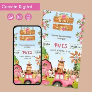 Convite digital com tema de fazenda rosa exibido em celular e formato impresso.