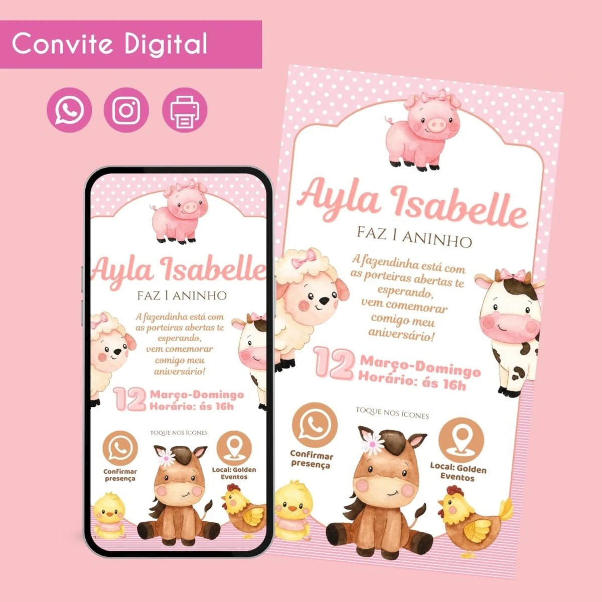 Convite Digital Fazendinha Rosa Personalizado para Festa 1 Arte digital de convite com tema de fazendinha em tons rosa.
