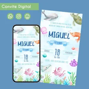 Convite digital com tema fundo do mar exibido em um smartphone e impresso.