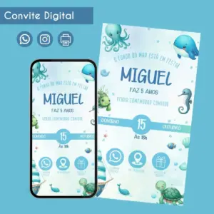 Convite digital com tema marinho ilustrado com animais e elementos do fundo do mar.