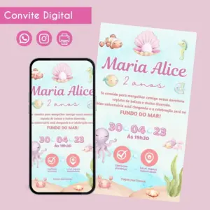 Convite Digital Fundo do Mar para Menina em Aquarela 14 Convite digital infantil com tema fundo do mar e ilustrações em aquarela.