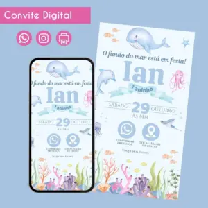 Convite digital com tema fundo do mar exibido em um smartphone e ao lado.