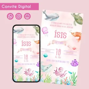 Convite digital de aniversário infantil, tema fundo do mar, com ícones de compartilhamento.