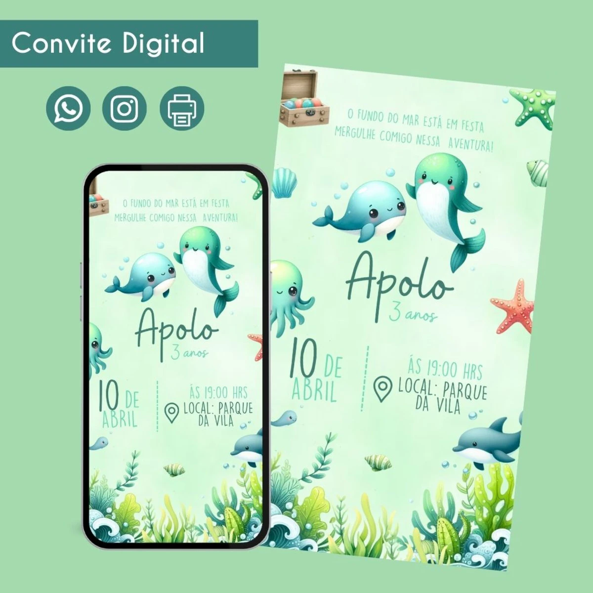 Convite Digital Fundo do Mar Verde para Aniversario Infantil 1 Convite digital com tema de fundo do mar, baleias e algas.