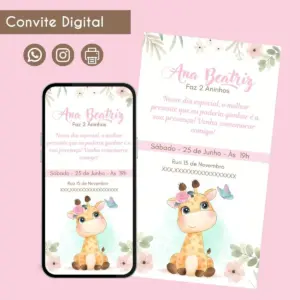 Convite digital com tema de girafa exibido em um smartphone e impresso.