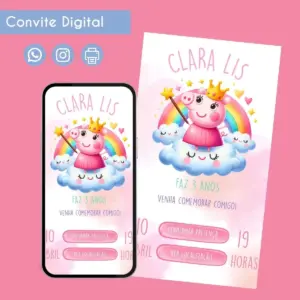 Arte de convite digital infantil com porquinha coroa arco-íris e nuvens em fundo rosa.