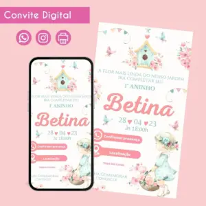 Convite Digital Jardim Aquarela Personalizado para Festa 11 Convite digital infantil com tema de jardim encantado e passarinhos.