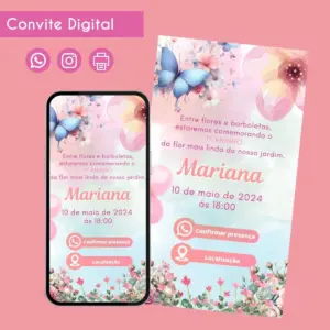 Convite Digital Jardim das Borboletas para Festa Infantil 9 Convite digital rosa com borboletas e flores ilustradas em tons suaves