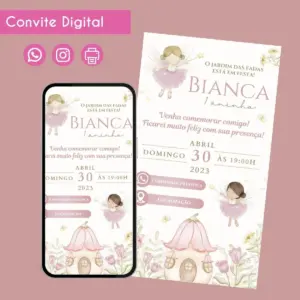 Convite digital com tema de fadas em tons de rosa e bege.