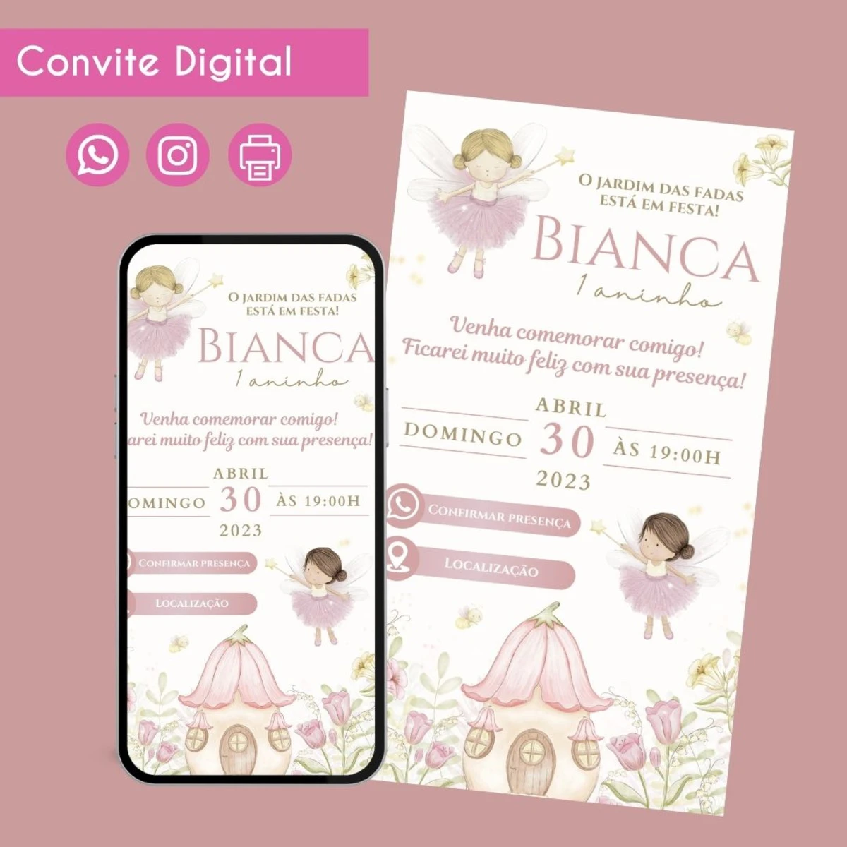 Convite Digital Jardim das Fadas para Festa Infantil 1 Convite digital com tema de fadas em tons de rosa e bege.