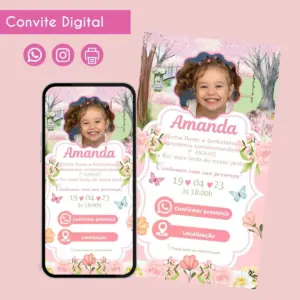 Convite digital infantil com foto de menina e tema de jardim.
