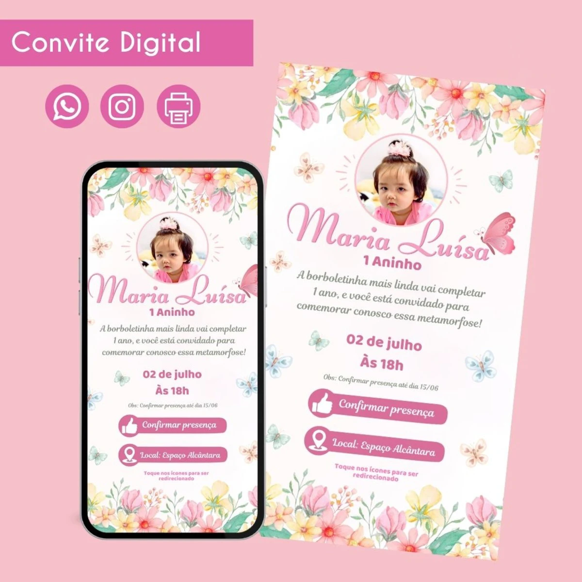 Convite Digital Jardim Menina para Festa de Aniversário 1 Convite digital com tema de borboletas e flores em tons rosa e amarelo.