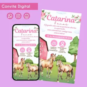 Convite digital com tema de fazenda exibido em um smartphone e impresso.