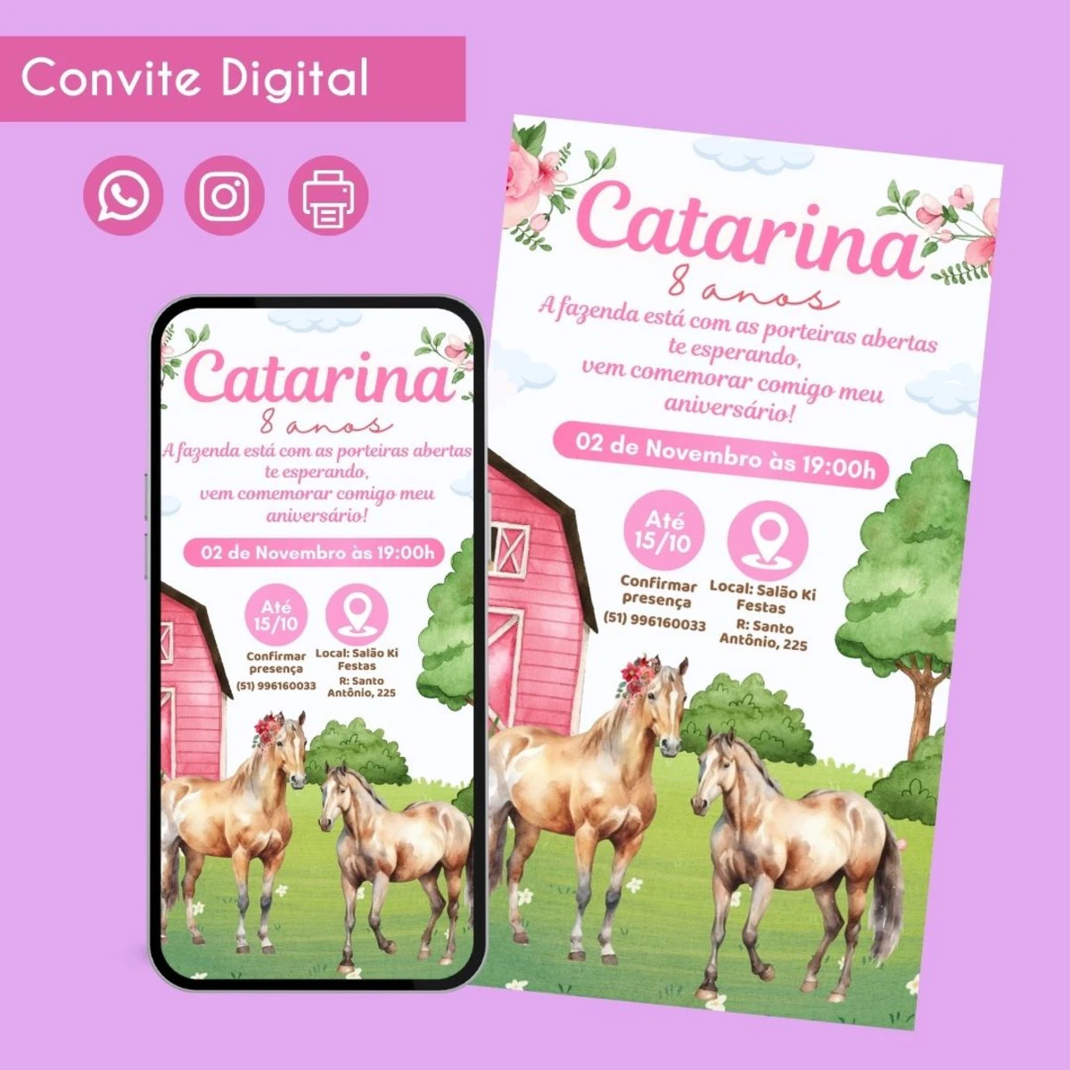 Convite Digital Menina Fazendinha Cavalo no WhatsApp 1 Convite digital com tema de fazenda exibido em um smartphone e impresso.