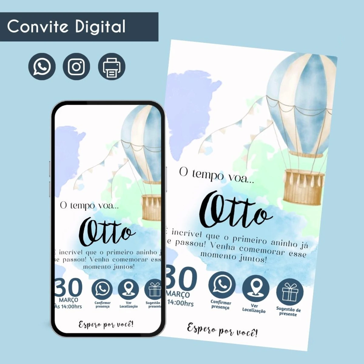 Convite Digital o Tempo Voa em Aquarela para Chá de Bebê 1 Convite digital com tema de balão de ar quente para aniversário infantil.