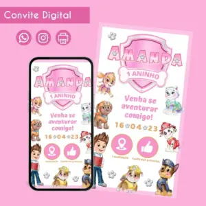 Arte digital de convite rosa com personagens infantis e texto festivo.
