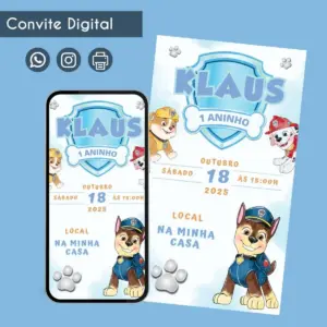 Convite Digital Patrulha Canina Azul para Festa Infantil 19 Convite digital com tema infantil de desenhos animados exibido em um celular