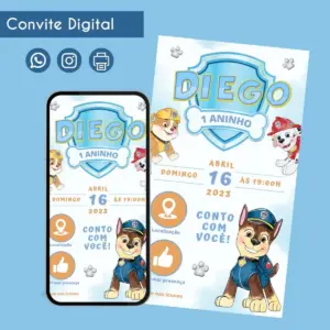Convite Digital Patrulha Canina Personalizado Para Menino 24 Convite digital com tema de desenhos animados exibido em um smartphone e impresso.