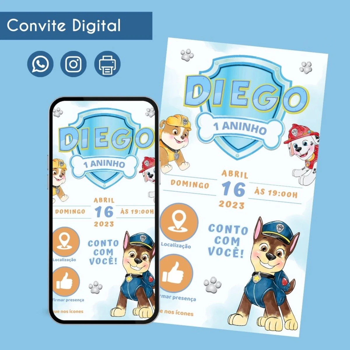 Convite Digital Patrulha Canina Personalizado Para Menino 1 Convite digital com tema de desenhos animados exibido em um smartphone e impresso.