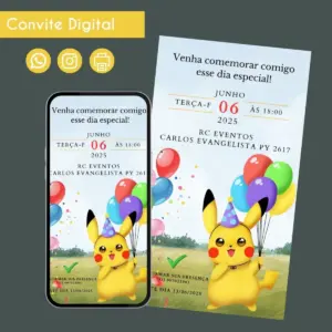 Arte digital de convite de aniversário com personagem amarelo e balões coloridos