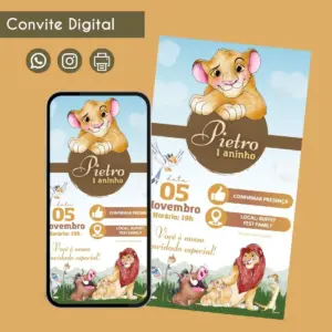 convite digital rei leao personalizado com simba para festa