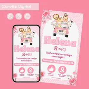 Convite digital com tema de safári rosa exibido em celular e formato impresso.